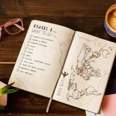 Planowanie wakacji: lista miejsc do odwiedzenia, mapa świata z zaznaczonymi podróżami, okulary i kawa.