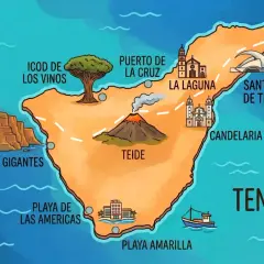 Mapa Teneryfy z zaznaczonymi atrakcjami: Teide, Los Gigantes, Icod de los Vinos, Puerto de la Cruz, La Laguna, Santa Cruz, Candelaria, Playa de las Américas. Idealny teneryfa plan zwiedzania.