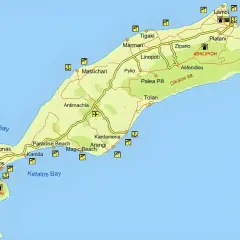 Mapa wyspy Kos z zaznaczonymi drogami, plażami i miejscowościami. Idealna do planowania zwiedzanie samochodem.