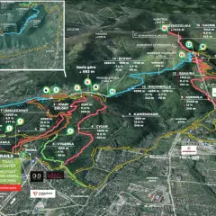 Mapa z zaznaczonymi trasami **enduro trails** w Beskidach, z nazwami, długością i nachyleniem.