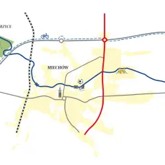 Mapa przedstawia ścieżkę rowerową trasą dawnej kolejki wąskotorowej wokół Miechowa, z zaznaczonymi atrakcjami turystycznymi.