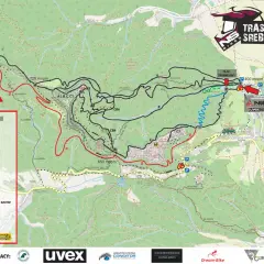 Mapa tras rowerowych Srebrna Góra. Oznaczono trasy A1-D, linie specjalne i plac treningowy.