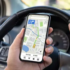 Ręce kierowcy trzymają telefon z nawigacją, co jest niebezpiecznym korzystaniem z telefonu podczas jazdy rowerem.