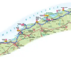 Mapa Polski z zaznaczonym szlakiem latarni morskich, prowadzącym przez malownicze wybrzeże Bałtyku.