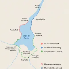 Mapa szlaków rowerowych wokół jeziora Garda. Czerwony szlak to Ponale Trail, niebieski to Garda by Bike, a zielony to trasy rodzinne.