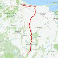 Mapa pokazuje przebieg wiślanej trasy rowerowej Kujawsko-Pomorskie, od Gdańska przez Malbork do Kwidzyna.