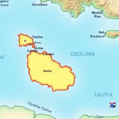 Mapa pokazuje, gdzie jest Malta, z zaznaczonymi wyspami i okolicznymi lądami.