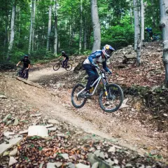 Zjazdowcy na rowerach pokonują leśny tor. To adrenalina i świetna zabawa na bike parkach w Polsce.