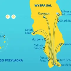 Mapa wyspy Sal na Wyspach Zielonego Przylądka, z zaznaczonymi lotniskami i atrakcjami turystycznymi.