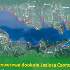 Mapa przedstawia velo czorsztyn trasę rowerową wokół Jeziora Czorsztyńskiego, z zaznaczonymi punktami obsługi rowerzystów i różnymi szlakami.