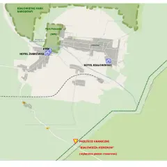 Mapa Białowieży z zaznaczonymi atrakcjami: Rezerwat Żubrów, Park Pałacowy, PTTK, Hotele Żubrówka i Białowieski, przejście graniczne. Twój białowieża plan zwiedzania.