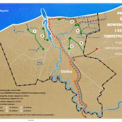 Mapa przebiegu tras rowerowych i szlaków turystycznych w Ustce. Obejmuje ścieżki rowerowe, drogi piesze i kajakowe w okolicach Morza Bałtyckiego.