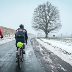 Dwaj rowerzyści na trasie Wisła 1200, w zimowej scenerii, pokonują oblodzoną drogę pod rozłożystym drzewem.