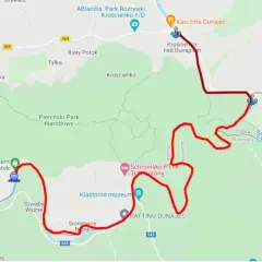 Mapa pokazuje trasę spływu Dunajcem, zaznaczoną na czerwono. Widoczny jest punkt, gdzie zaczyna się spływ Dunajcem, w okolicach Sromowiec Niżnych.