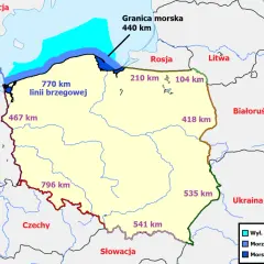 Mapa Polski z zaznaczonymi granicami. Polska ma 770 km linii brzegowej, a jej granica morska to 440 km.