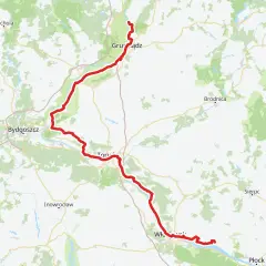 Mapa z zaznaczoną trasą rowerową wzdłuż Wisły, od Grudziądza przez Toruń i Włocławek aż po Płock. To fragment malowniczej wiślanej trasy rowerowej Pomorskie.
