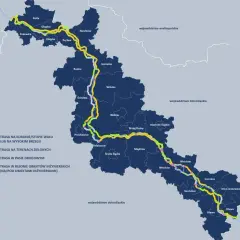 Mapa prezentująca przebieg wiślanej trasy rowerowej przez województwo dolnośląskie, z zaznaczonymi odcinkami na wałach, terenach zielonych i w pasie drogowym.