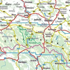 Mapa regionu z zaznaczonymi **Gorlice atrakcje**, parkiem narodowym i drogami.
