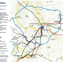 Mapa pokazuje trasy rowerowe i piesze wokół Ostrzeszowa, w tym szlaki oznaczane kolorami i nazwami, np. "trasy rowerowe karpacz" nie występują na mapie.