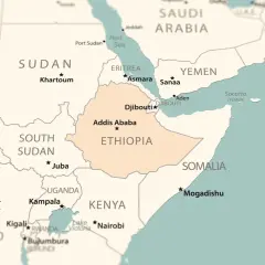 Mapa Afryki. Etiopia, zaznaczona na brzoskwiniowo, nie ma bezpośredniego dostępu do morza, granicząc z Dżibuti, Somalią i Kenią.