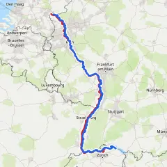 Mapa Europy z zaznaczonymi europejskimi trasami rowerowymi wzdłuż rzek, od Holandii przez Niemcy po Szwajcarię.