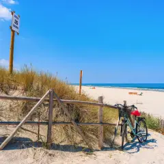 Rower czeka przy płocie, gotowy na odkrywanie tras rowerowych nad morzem. Piękny, słoneczny dzień na plaży w Białogórze.