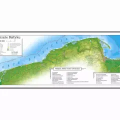 Mapa Wybrzeża Bałtyku z zaznaczonymi atrakcjami turystycznymi. Długość polskiego wybrzeża jest tu przedstawiona w skali 1:400 000.