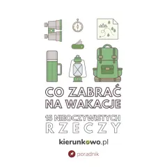 Co zabrać na wakacje? Ilustracja pokazuje plecak, lornetkę, kompas, mapę, termos, latarkę i scyzoryk.