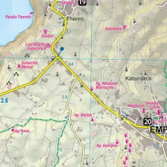 Santorini plan zwiedzania: mapa z zaznaczonymi drogami, kościołami (Ag. Nikitas, Ag. Anna) i miejscowościami (Emporio, Nimborio).