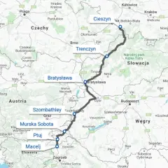 Trasa Polska-Chorwacja samochodem przez Czechy, Słowację, Węgry, Słowenię. Widoczne miasta: Cieszyn, Trenczyn, Bratysława, Szombathely, Murska Sobota, Ptuj, Macelj, Zagrzeb.