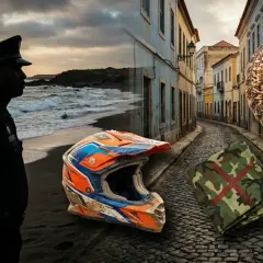 Strażnik pilnuje plaży, gdzie leży kask. Na ulicy z kolorowymi kamienicami widać skorupę żółwia i kamuflaż. Pamiętaj, czego nie można wywozić z Wysp Zielonego Przylądka.