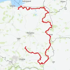 Mapa z zaznaczoną trasą rowerową R10, biegnącą od Bałtyku przez Warszawę i Kraków, ukazująca jej długość i przebieg.