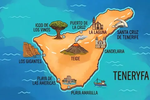 Mapa Teneryfy z zaznaczonymi atrakcjami: Teide, Los Gigantes, Icod de los Vinos, Puerto de la Cruz, La Laguna, Santa Cruz, Candelaria, Playa de las Américas. Idealny teneryfa plan zwiedzania.