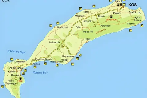 Mapa wyspy Kos z zaznaczonymi drogami, plażami i miejscowościami. Idealna do planowania zwiedzanie samochodem.