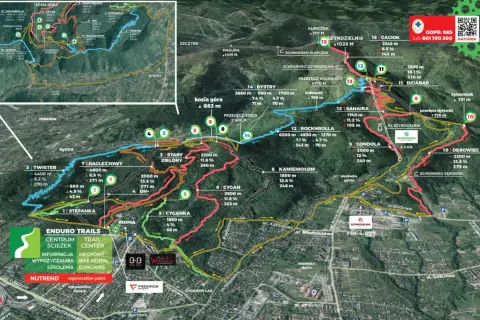 Mapa z zaznaczonymi trasami **enduro trails** w Beskidach, z nazwami, długością i nachyleniem.