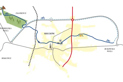 Mapa przedstawia ścieżkę rowerową trasą dawnej kolejki wąskotorowej wokół Miechowa, z zaznaczonymi atrakcjami turystycznymi.