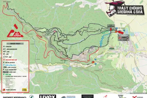 Mapa tras rowerowych Srebrna Góra. Oznaczono trasy A1-D, linie specjalne i plac treningowy.