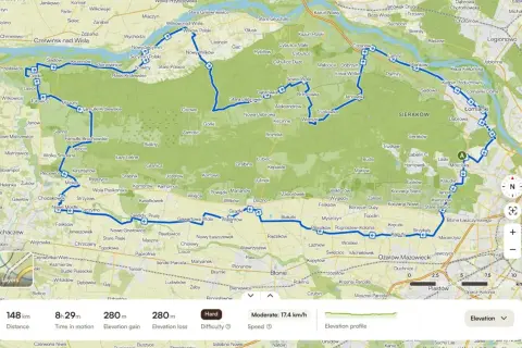 Trasy gravelowe Warszawa: malownicza pętla przez Kampinos, 148 km, trudność Hard.