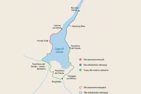 Mapa szlaków rowerowych wokół jeziora Garda. Czerwony szlak to Ponale Trail, niebieski to Garda by Bike, a zielony to trasy rodzinne.