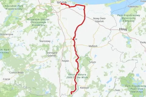 Mapa pokazuje przebieg wiślanej trasy rowerowej Kujawsko-Pomorskie, od Gdańska przez Malbork do Kwidzyna.