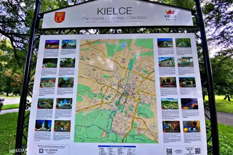 Mapa turystyczna Kielc z licznymi zdjęciami atrakcji, w tym Kadzielni Kielce.