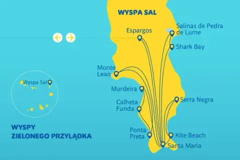 Mapa wyspy Sal na Wyspach Zielonego Przylądka, z zaznaczonymi lotniskami i atrakcjami turystycznymi.