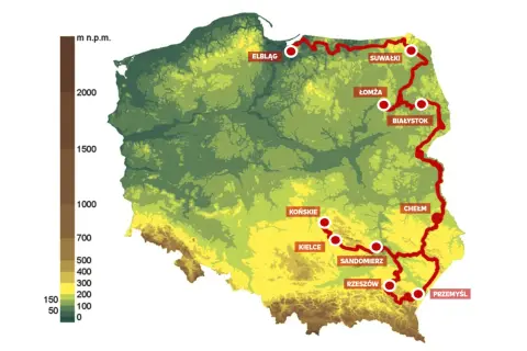 Mapa Polski z zaznaczoną trasą rowerową Green Velo. Widoczne miasta: Elbląg, Suwałki, Łomża, Białystok, Chełm, Końskie, Kielce, Sandomierz, Rzeszów, Przemyśl.