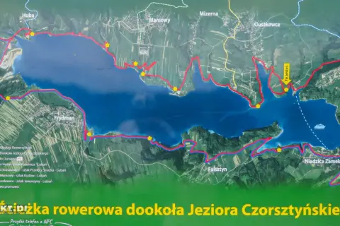 Mapa przedstawia velo czorsztyn trasę rowerową wokół Jeziora Czorsztyńskiego, z zaznaczonymi punktami obsługi rowerzystów i różnymi szlakami.
