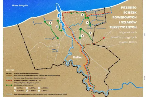 Mapa przebiegu tras rowerowych i szlaków turystycznych w Ustce. Obejmuje ścieżki rowerowe, drogi piesze i kajakowe w okolicach Morza Bałtyckiego.