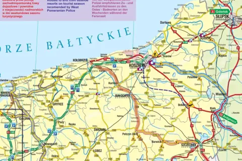 Mapa drogowa Pomorza Zachodniego z zaznaczonymi trasami rowerowymi Darłowo i okolic.