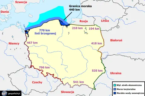 Mapa Polski z zaznaczonymi granicami. Polska ma 770 km linii brzegowej, a jej granica morska to 440 km.