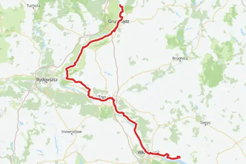Mapa z zaznaczoną trasą rowerową wzdłuż Wisły, od Grudziądza przez Toruń i Włocławek aż po Płock. To fragment malowniczej wiślanej trasy rowerowej Pomorskie.