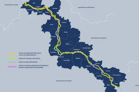 Mapa prezentująca przebieg wiślanej trasy rowerowej przez województwo dolnośląskie, z zaznaczonymi odcinkami na wałach, terenach zielonych i w pasie drogowym.