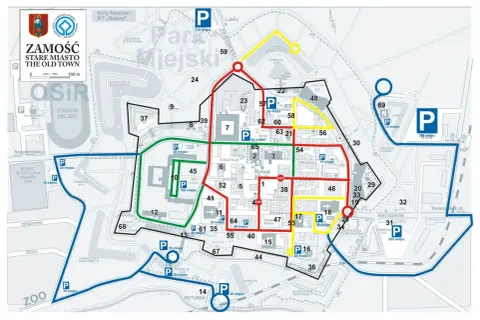 Mapa Zamościa z zaznaczonymi trasami spacerowymi i parkingami. Odkryj **Zamość atrakcje** i zaplanuj zwiedzanie.